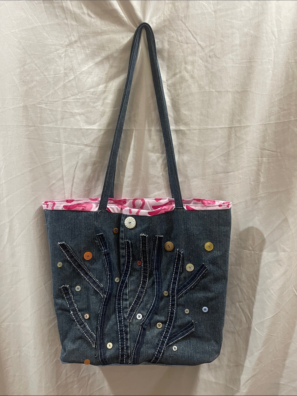 Denim Tote Bag with Pink Lining and Button Branch Detail